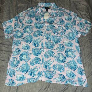 H&M Button Shirt Men 3XL Pink SpongeBob Relaxed Fit Graphic Short Sleeve - NEW